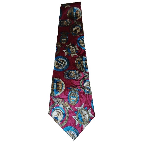 Stanley Blacker Men's Neck Tie Red Geometric Badges ABC Bowling 100% Silk MINT - Picture 1 of 6